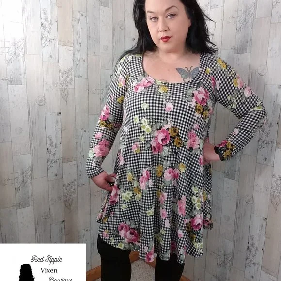 Floral checkered Baby Doll Swing Tunic Dress Size Small - Picture 2 of 2